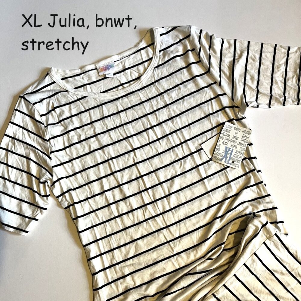 XL Lularoe Julia sheath dress, white with black stripes, vertical striped hem